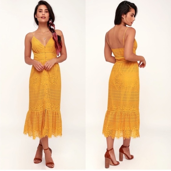 Lulus Dresses & Skirts - Lulu's Yellow Lace Button-Up Midi Dress Fit and Flare Chic Bohemian Spanish